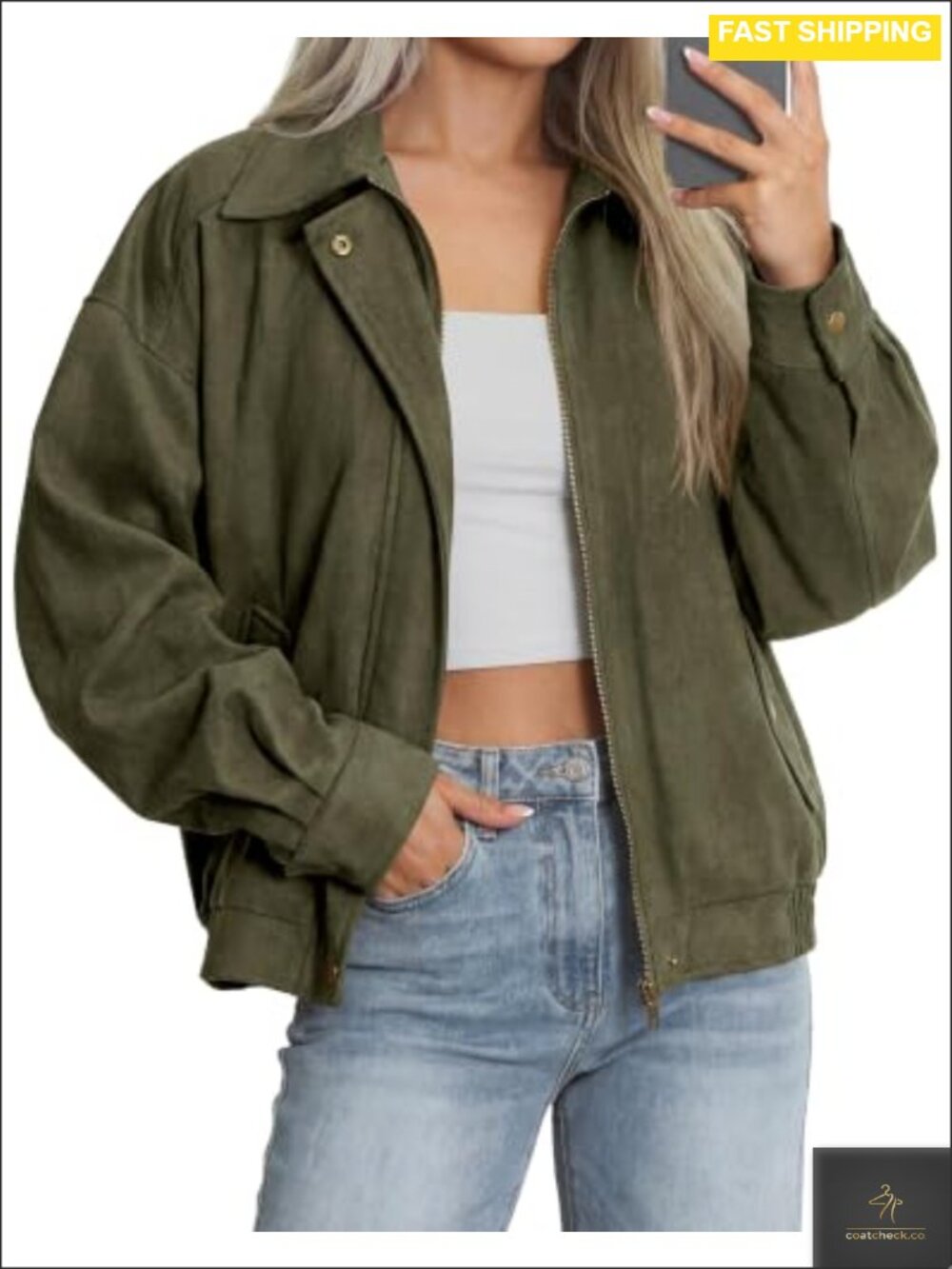 Faux Suede Bomber Jacket Womens Oversized Long Sleeve Zip Up Coat